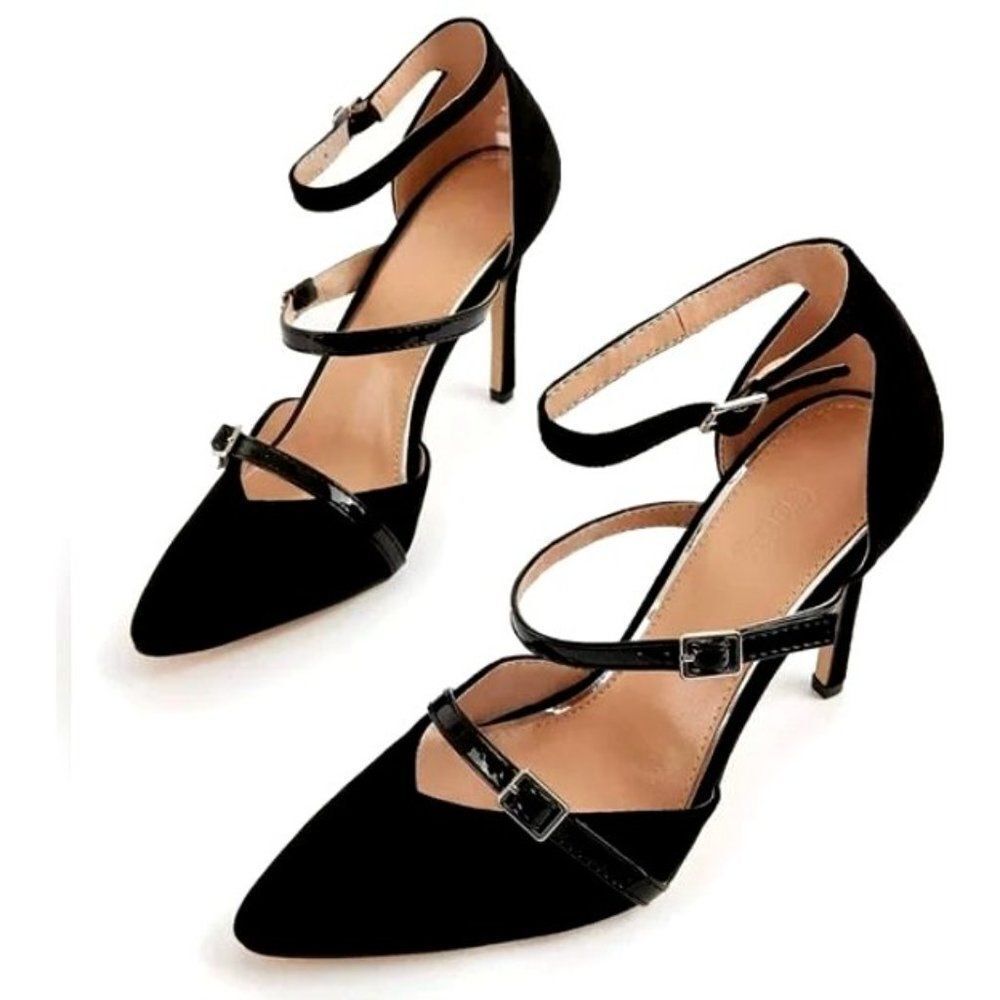 Coutgo Black Strappy Pointed Toe Pumps‎ Heels Women's Size 6 New With Box